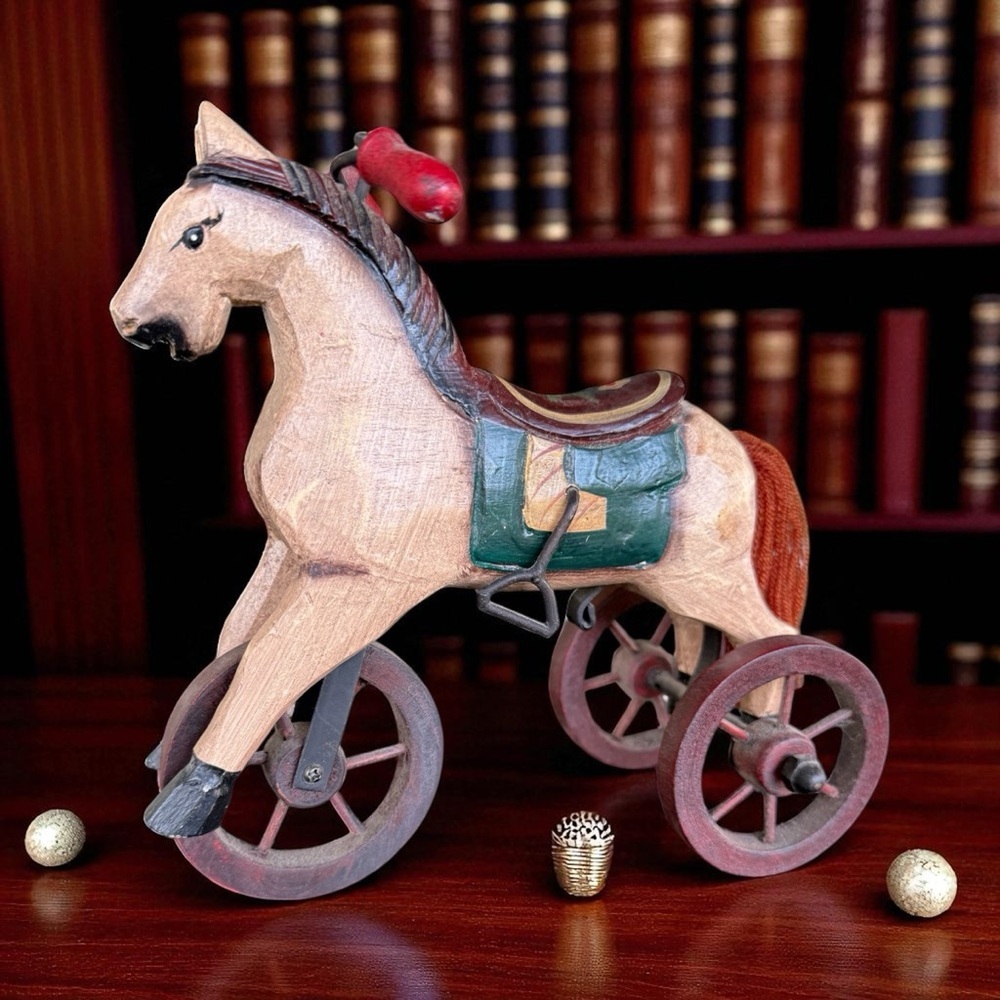 Vintage Hand Carved Wooden Horse Tricycle Folk Art Decor Multicolor - Picture 2 of 7